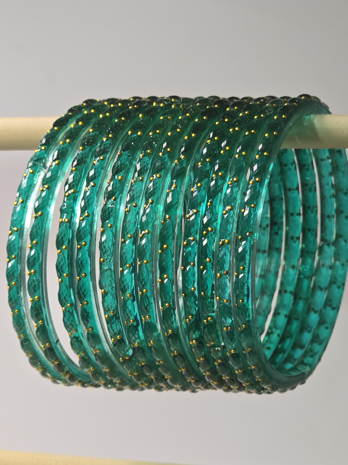 Rama Green teal Raindrop faceted glass bangles with gold-dot detailing