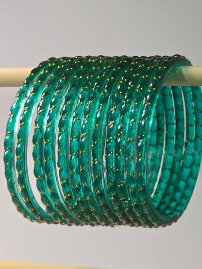 Rama Green teal Raindrop faceted glass bangles with gold-dot detailing