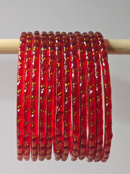 Red Raindrop faceted glass bangles with gold-dot detailing