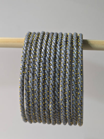 Grey Ratna twisted glass bangles with gold-dot detailing