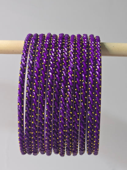 Plum purple Ratna twisted glass bangles with gold-dot detailing