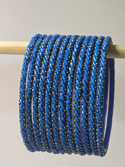 Turquoise blue Ratna twisted glass bangles with gold-dot detailing