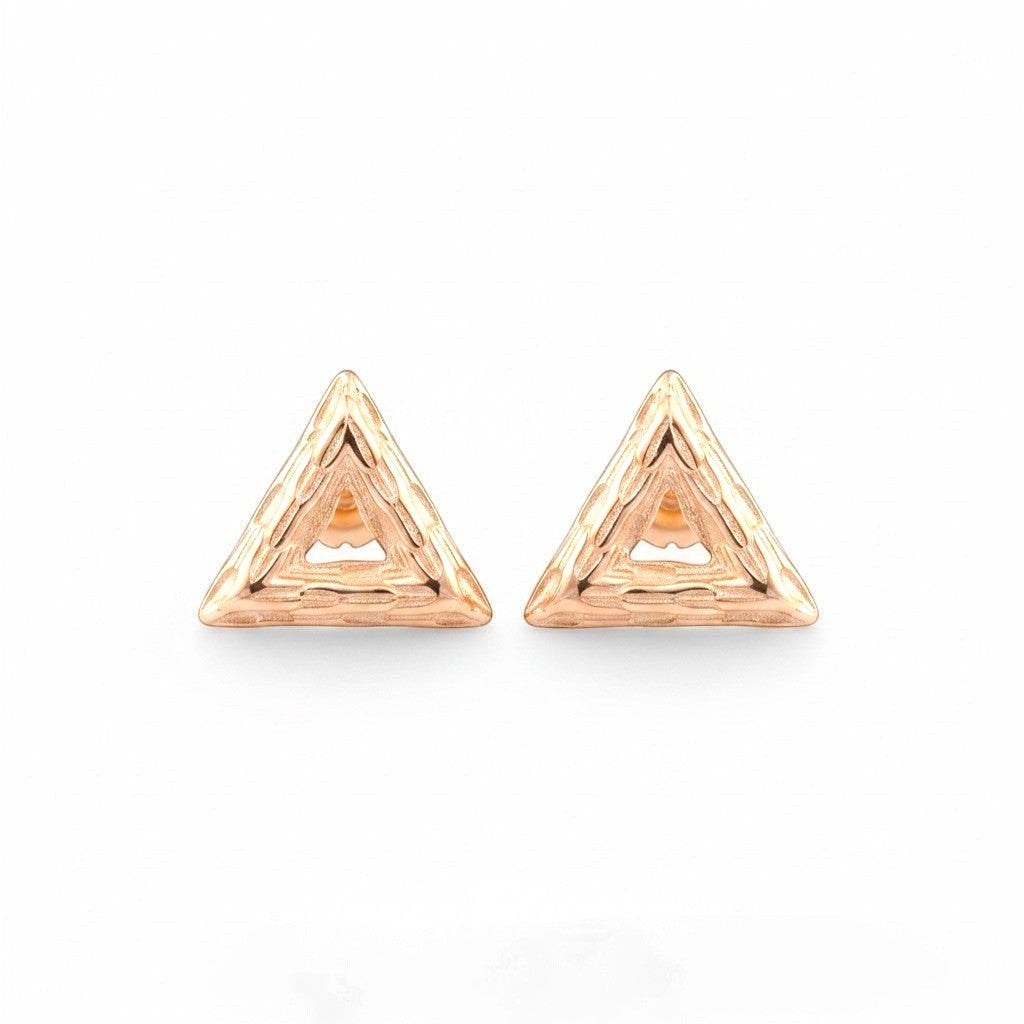 Belumiee rose gold plated sterling silver triangle stud earrings with textured finish and CZ stones.