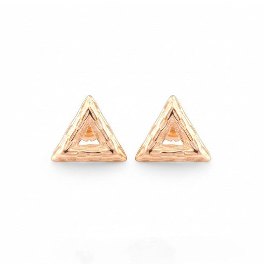 Belumiee rose gold plated sterling silver triangle stud earrings with textured finish and CZ stones.