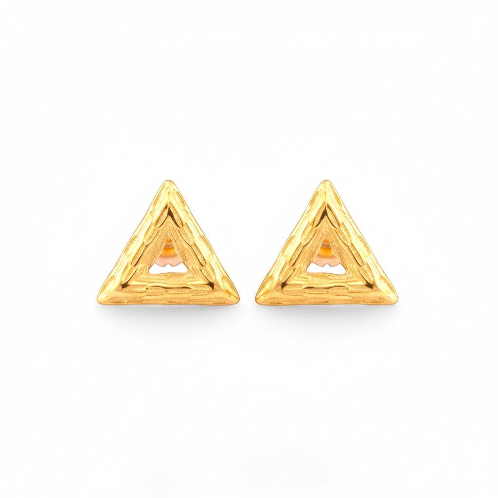 Belumiee rose gold plated sterling silver triangle stud earrings with textured finish and CZ stones.