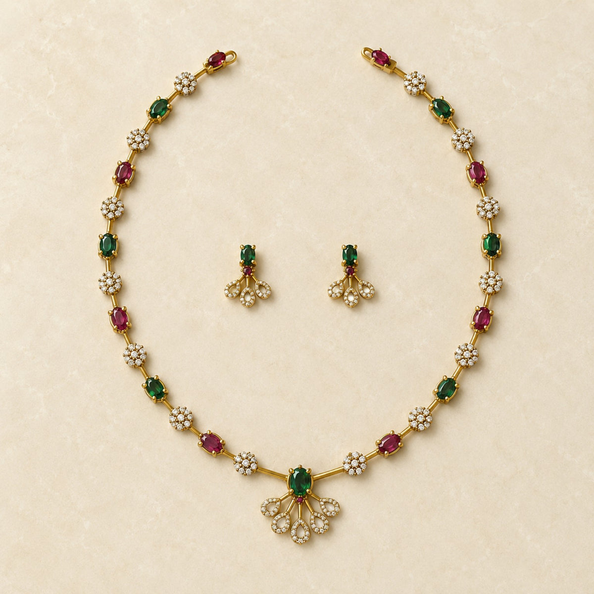 Ruby and emerald floral teardrop American Diamond necklace and matching earrings set