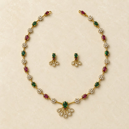 Ruby and emerald floral teardrop American Diamond necklace and matching earrings set