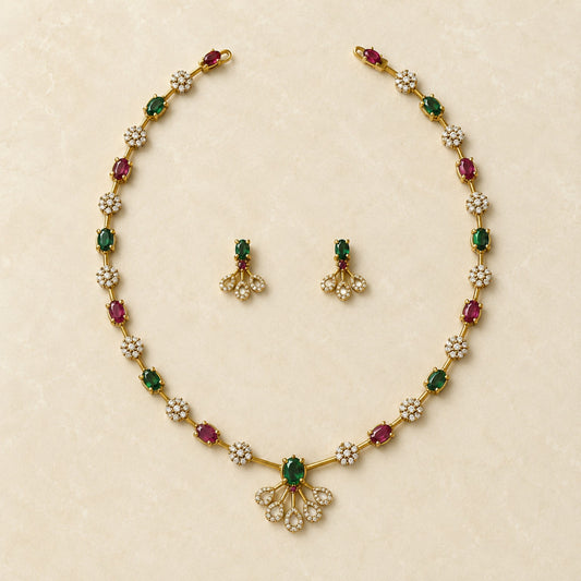 Ruby and emerald floral teardrop American Diamond necklace and matching earrings set