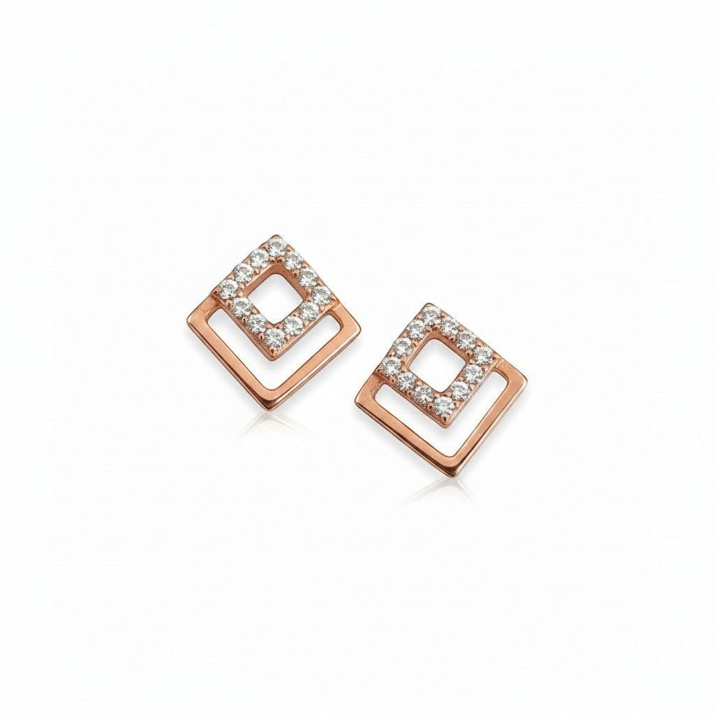 Belumiee rose gold square stud earrings in 925 sterling silver with sparkling AAA CZ stones for everyday wear.