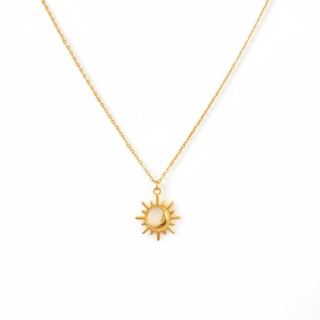 Belumiee gold-plated sterling silver sun pendant necklace with a delicate chain, perfect for everyday minimal style.