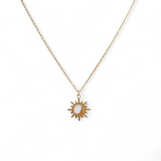 Belumiee gold-plated sterling silver sun pendant necklace with a delicate chain, perfect for everyday wear.