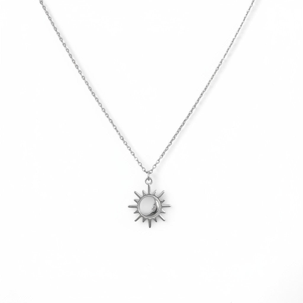Belumiee sterling silver sun pendant necklace with a delicate chain and radiant sun-inspired design.