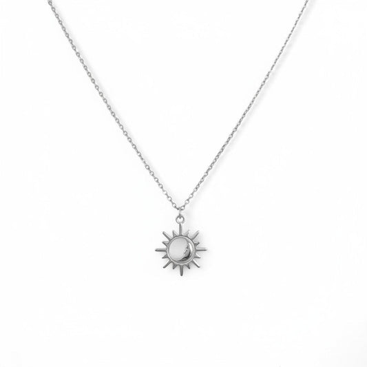 Belumiee sterling silver sun pendant necklace with a delicate chain and radiant sun-inspired design.