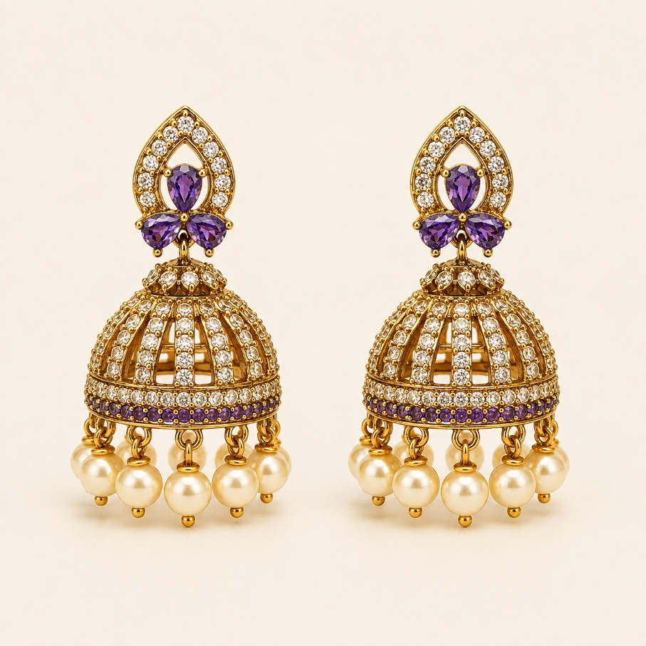 Gold-tone crystal cage jhumka earrings in Amethyst Purple with pearl-style drops