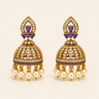 Gold-tone crystal cage jhumka earrings in Amethyst Purple with pearl-style drops