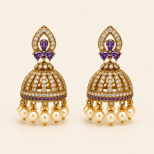 Gold-tone crystal cage jhumka earrings in Amethyst Purple with pearl-style drops