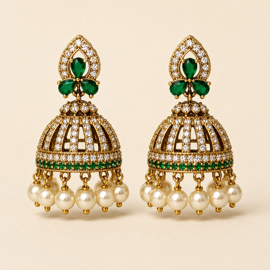 Gold-tone crystal cage jhumka earrings in Emerald Green with pearl-style drops
