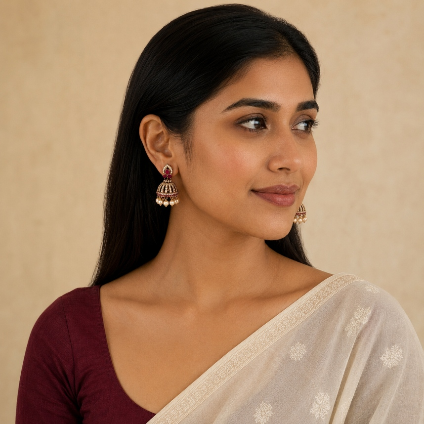 Model wearing Ruby crystal cage jhumka earrings with pearl-style drops