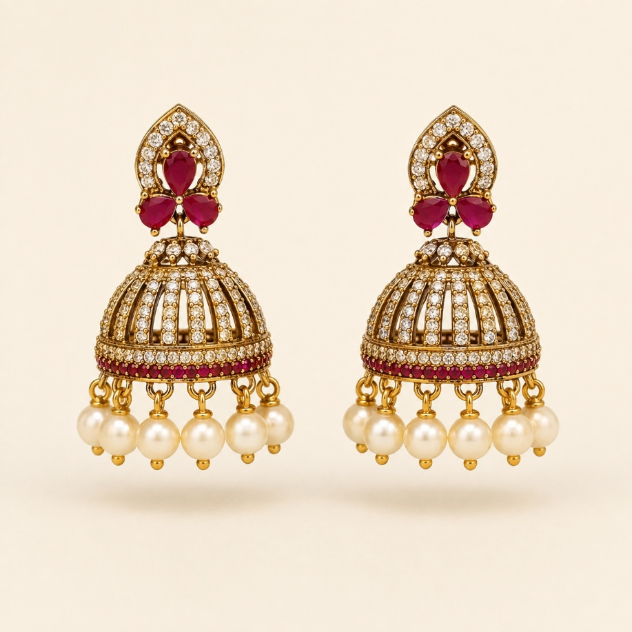 Gold-tone crystal cage jhumka earrings in Ruby with pearl-style drops