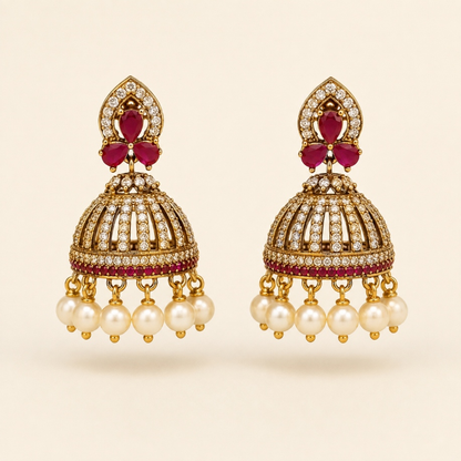 Gold-tone crystal cage jhumka earrings in Ruby with pearl-style drops