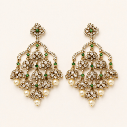 Emerald green crystal chandelier jhumka earrings with pearl drops
