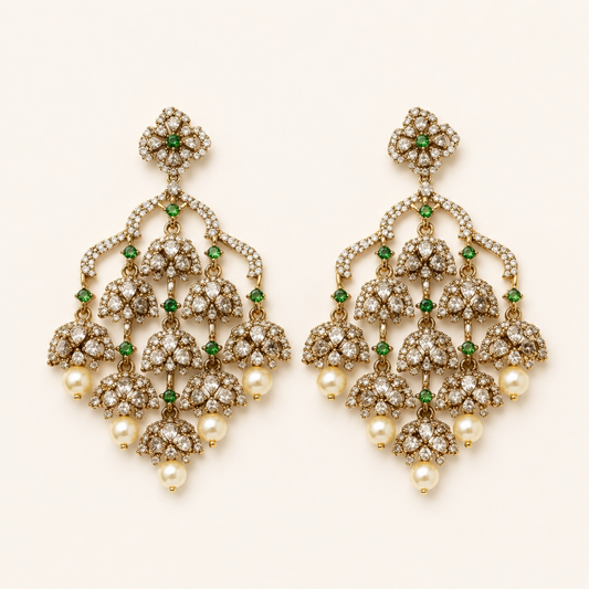 Emerald green crystal chandelier jhumka earrings with pearl drops