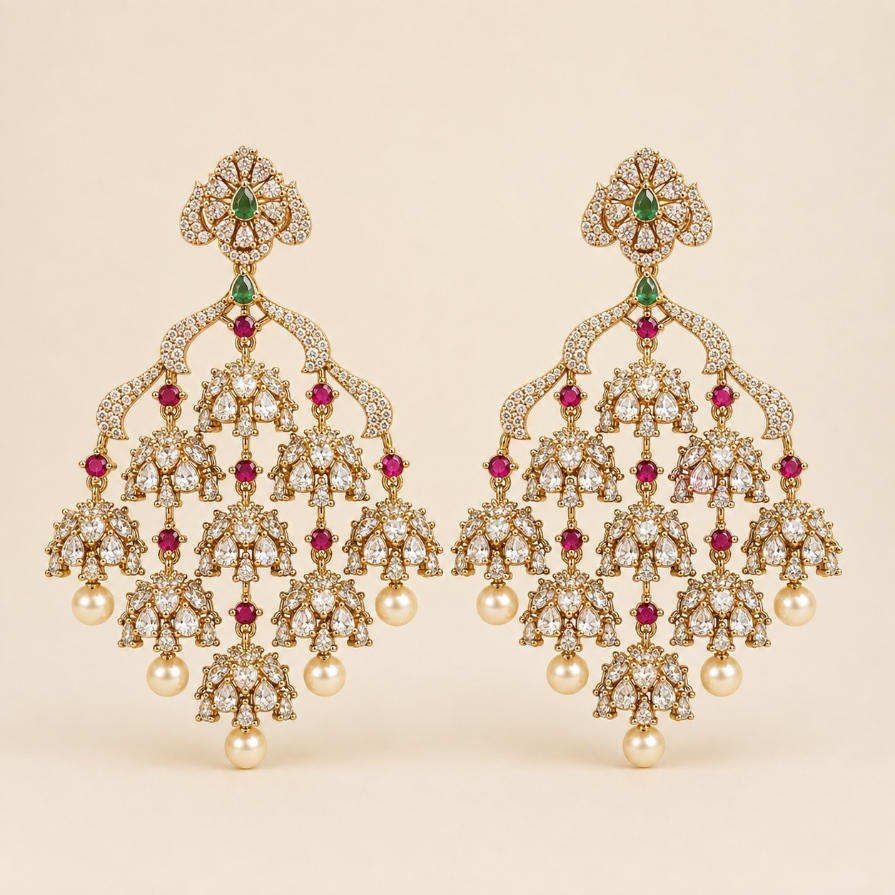 Ruby and green crystal chandelier jhumka earrings with pearl drops