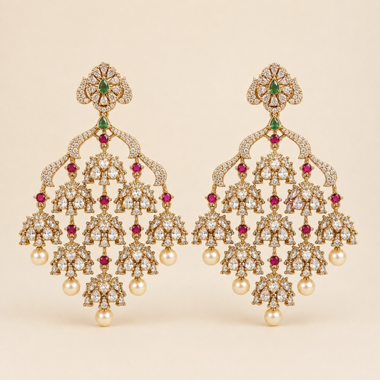 Ruby and green crystal chandelier jhumka earrings with pearl drops