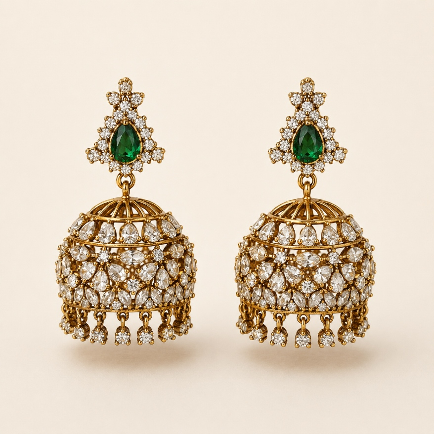 Emerald Green gold-tone crystal floral lattice jhumka earrings