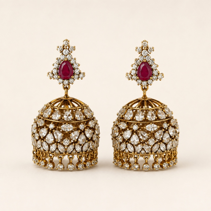 Ruby gold-tone crystal floral lattice jhumka earrings