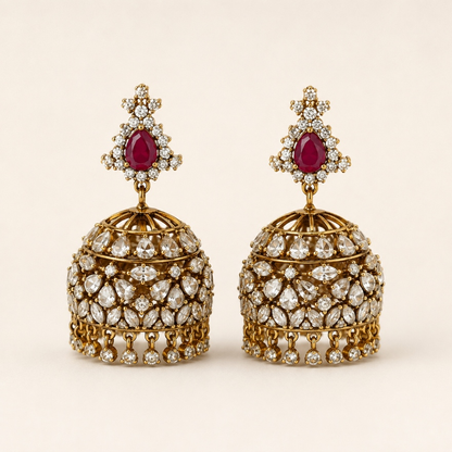 Ruby gold-tone crystal floral lattice jhumka earrings