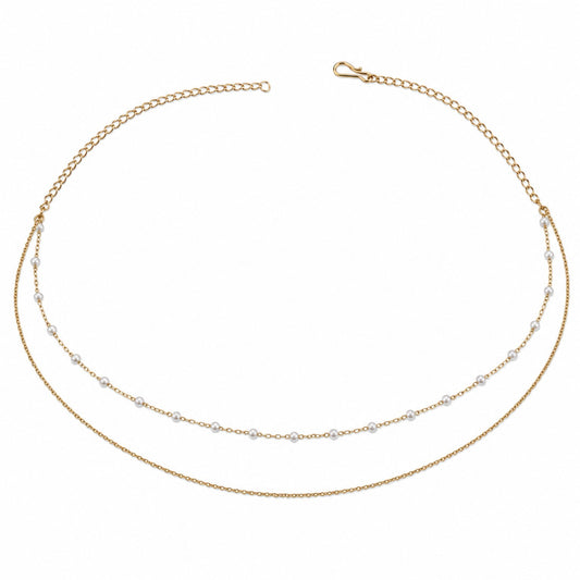 Full adjustable double-layer gold-tone hip chain with evenly spaced white pearls