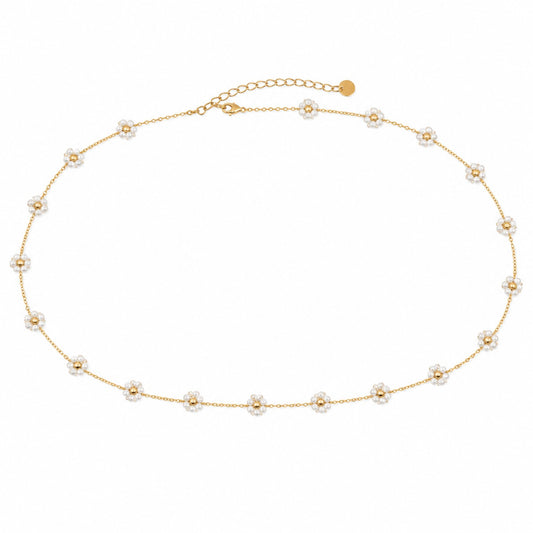 Full adjustable gold-tone hip chain with white pearl flower motifs