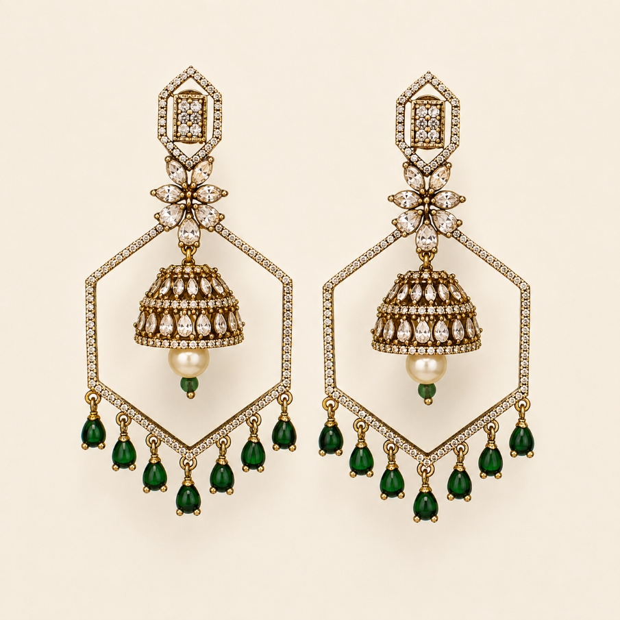 Emerald green geometric jhumka chandelier earrings with pearl detail