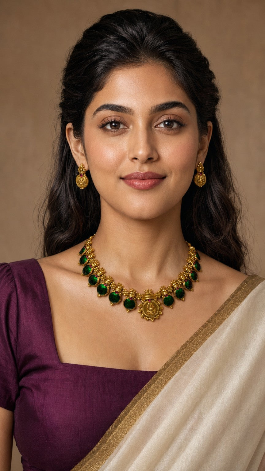 Emerald-green traditional medallion stone necklace set by Belumiee, featuring intricate design and matching earrings on a model.