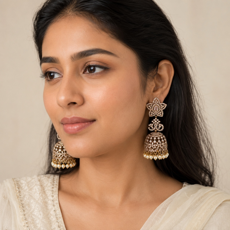 Model wearing gold-tone floral clear crystal chandelier jhumka earrings