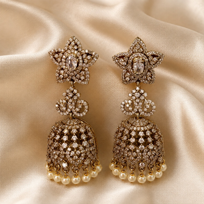 Gold-tone floral clear crystal chandelier jhumka earrings with pearl drops