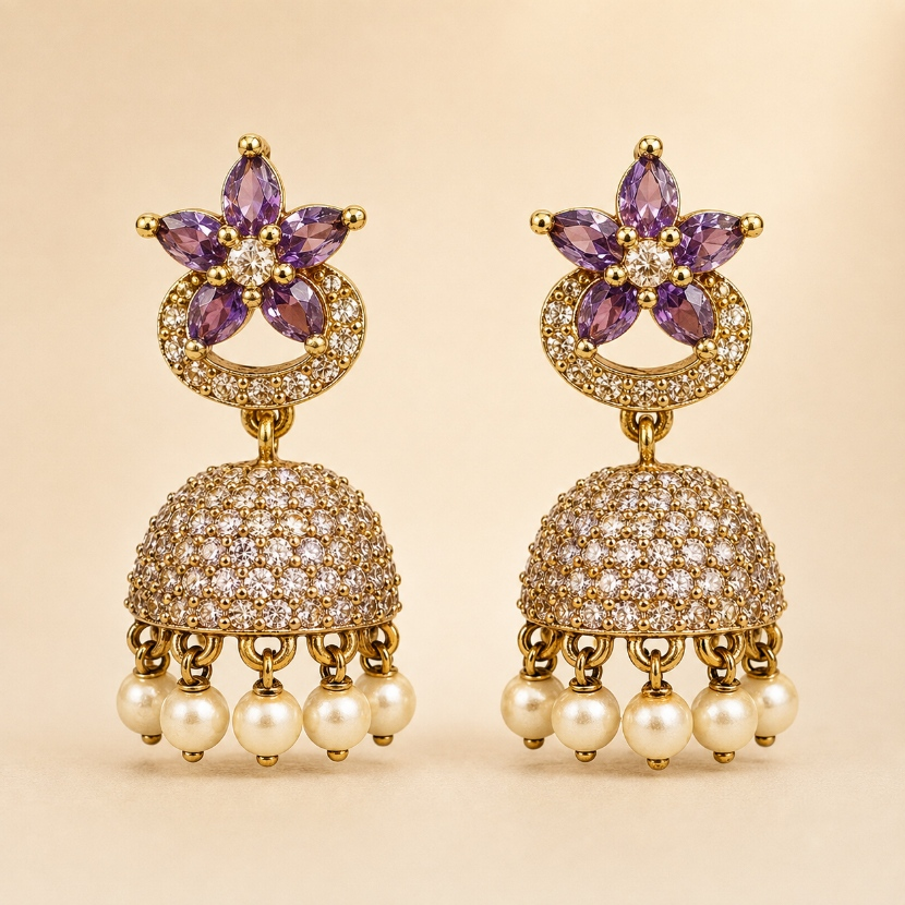 Amethyst purple floral crystal dome jhumka earrings with pearl drops
