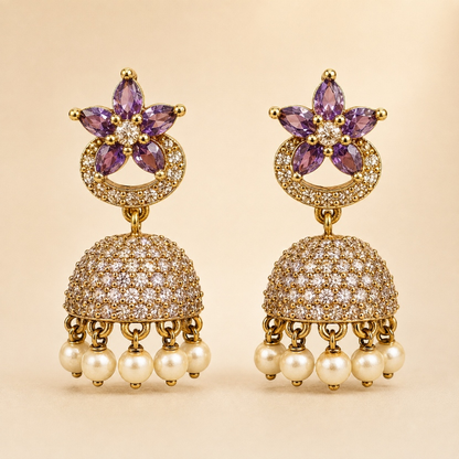 Amethyst purple floral crystal dome jhumka earrings with pearl drops