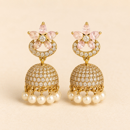 Blush pink floral crystal dome jhumka earrings with pearl drops