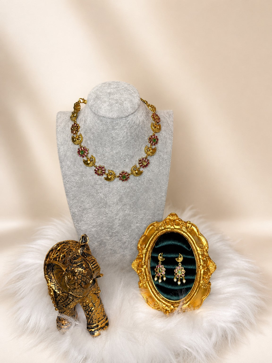 Traditional Ruby and Green Floral Peacock Necklace Set by Belumiee with intricate floral and peacock design, perfect for festive occasions.