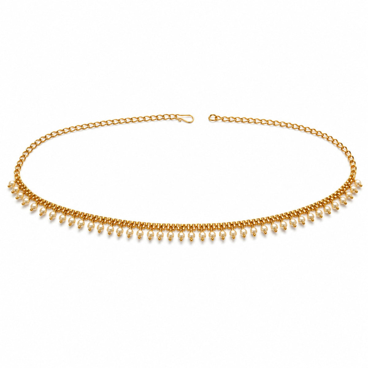 Gold-tone adjustable hip chain with continuous white pearl-drop fringe on white background