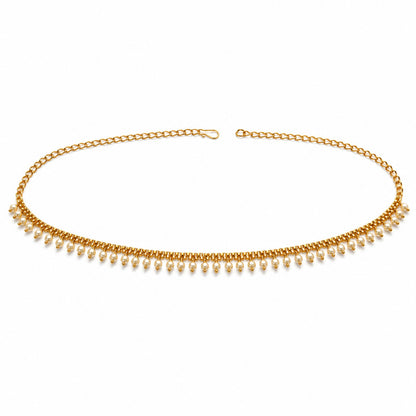 Gold-tone adjustable hip chain with continuous white pearl-drop fringe on white background