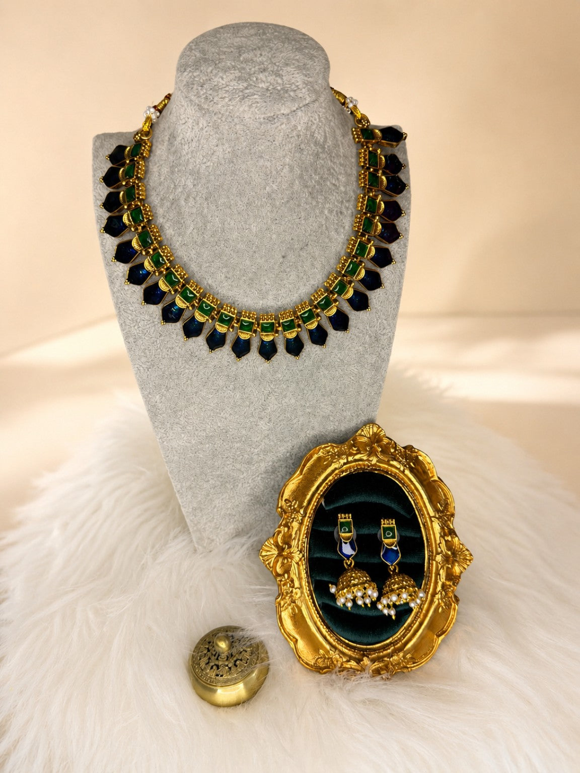 Traditional emerald drop stone necklace set featuring green-blue stones, crafted by Belumiee for elegant jewelry styling.
