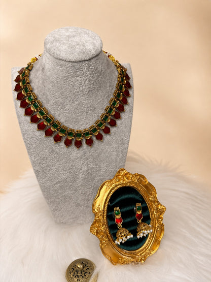 Traditional emerald drop stone necklace set by Belumiee, featuring vibrant green ruby stones and intricate design.