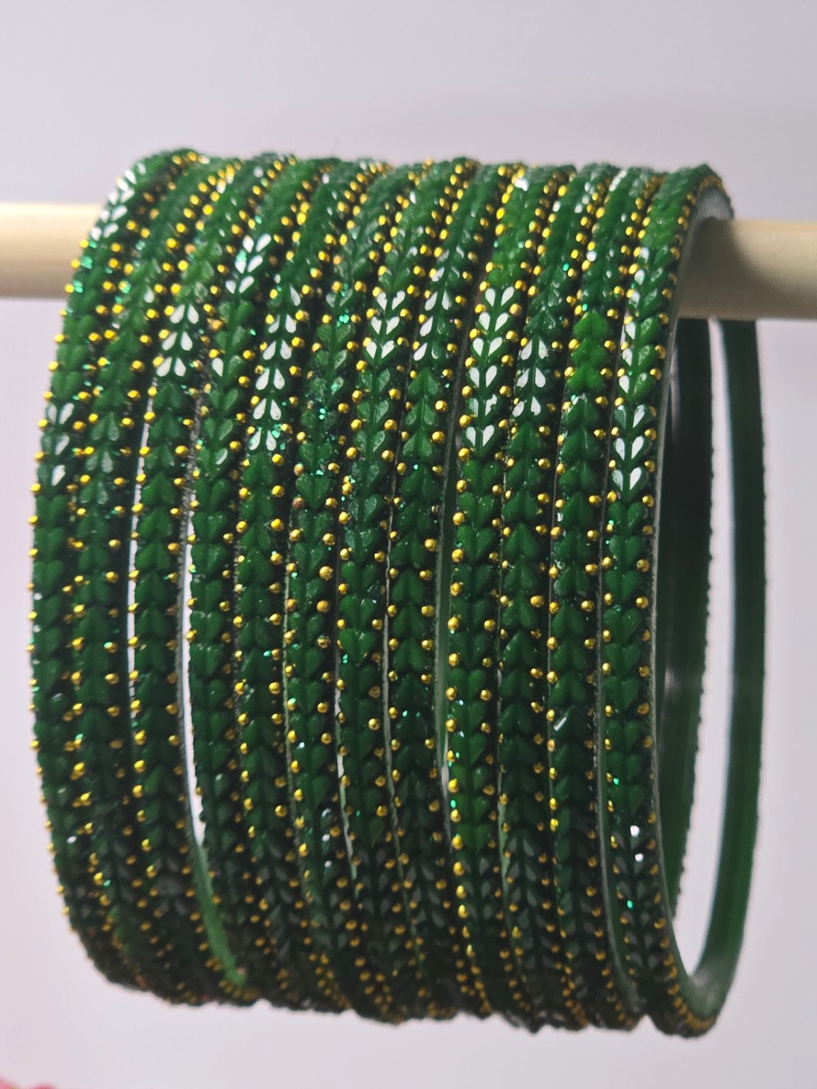 Heart Beats Pastel Green glass bangle set with gold-dot heart detailing