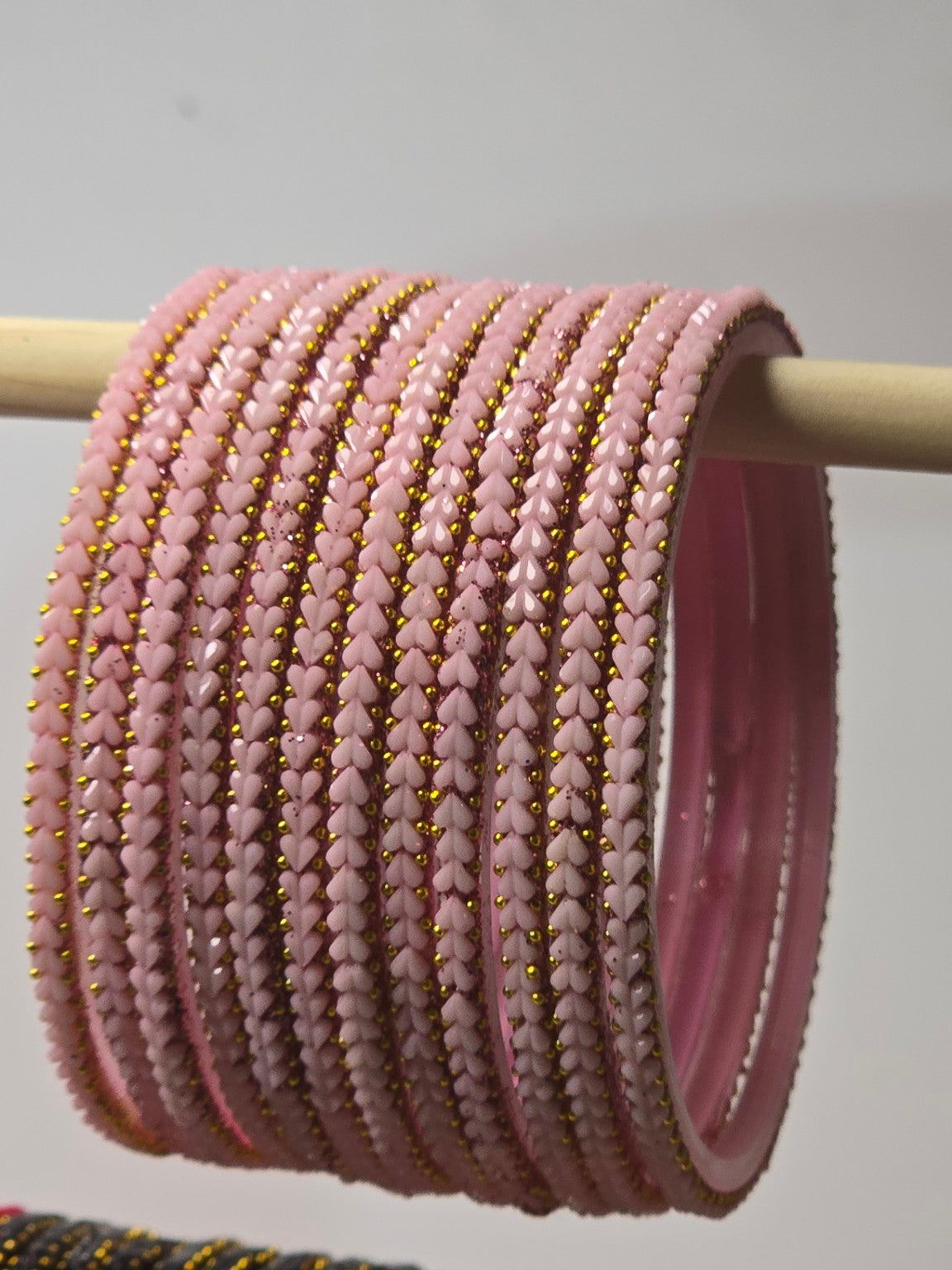 Heart Beats Pastel Pink glass bangle set with gold-dot heart detailing