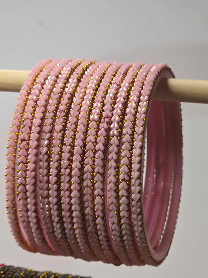 Heart Beats Pastel Pink glass bangle set with gold-dot heart detailing