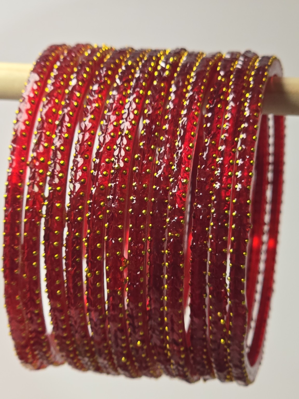 Heart Beats Pastel Red Mix glass bangle set with gold-dot heart detailing