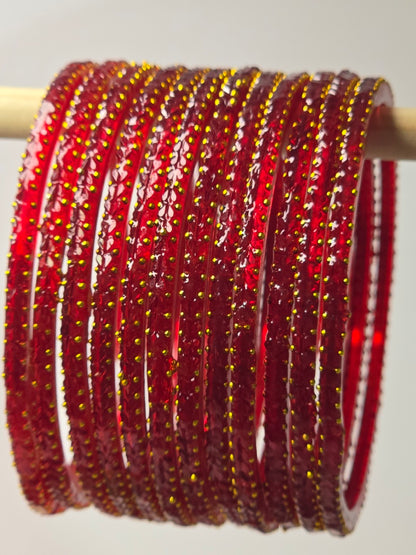 Heart Beats Pastel Red Mix glass bangle set with gold-dot heart detailing